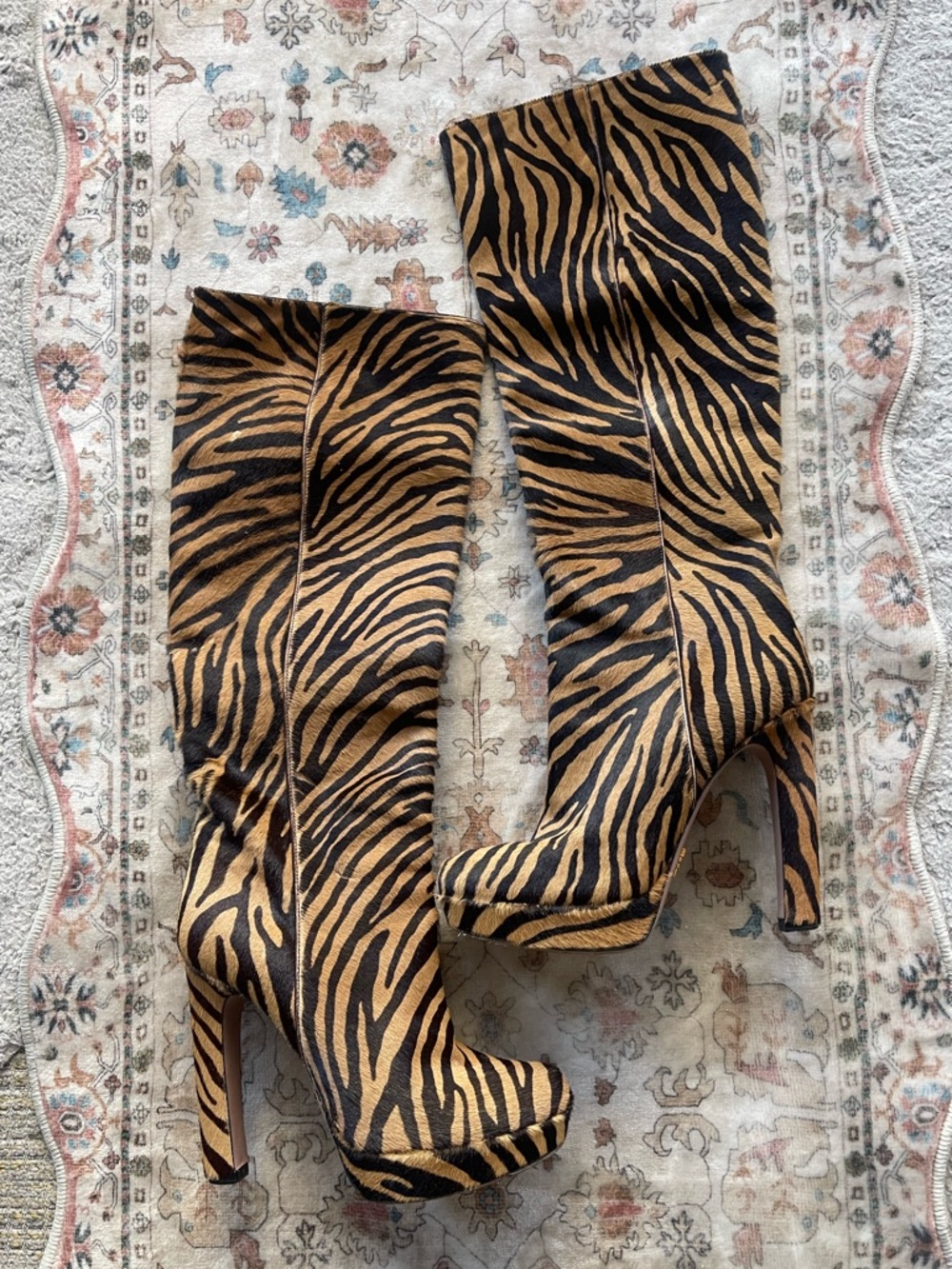 Prada Brown and Black Zebra-Print Knee High Pony Hair Platform Boots